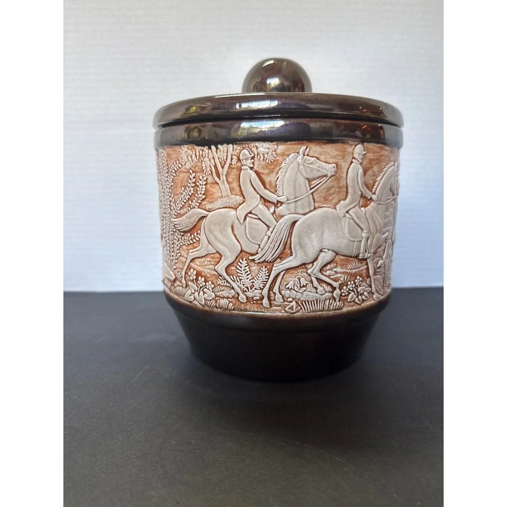 Vintage Fox Hunt Ceramic Cookie Jar Canister Embossed Equestrian Scene Brown